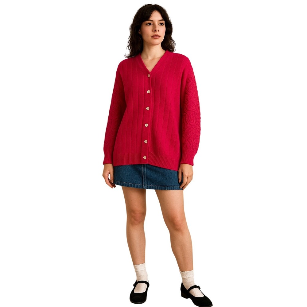 VTG EDDIE DASSIN Magenta Angora Cardigan Coquette guipure lace sleeves 80s M‎